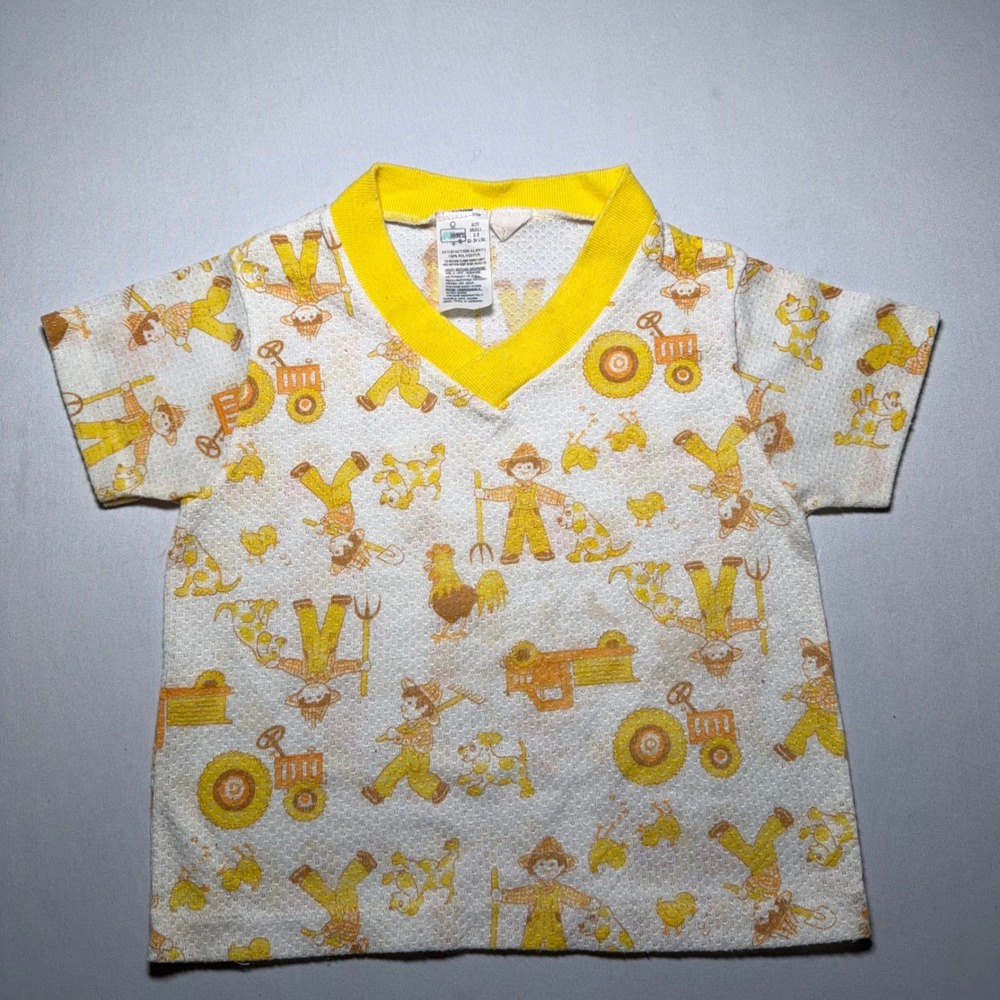 70s Kmart Shirt Toddler 2-3 Yellow‎ Farm Print Polyester Waffle Knit Tractor